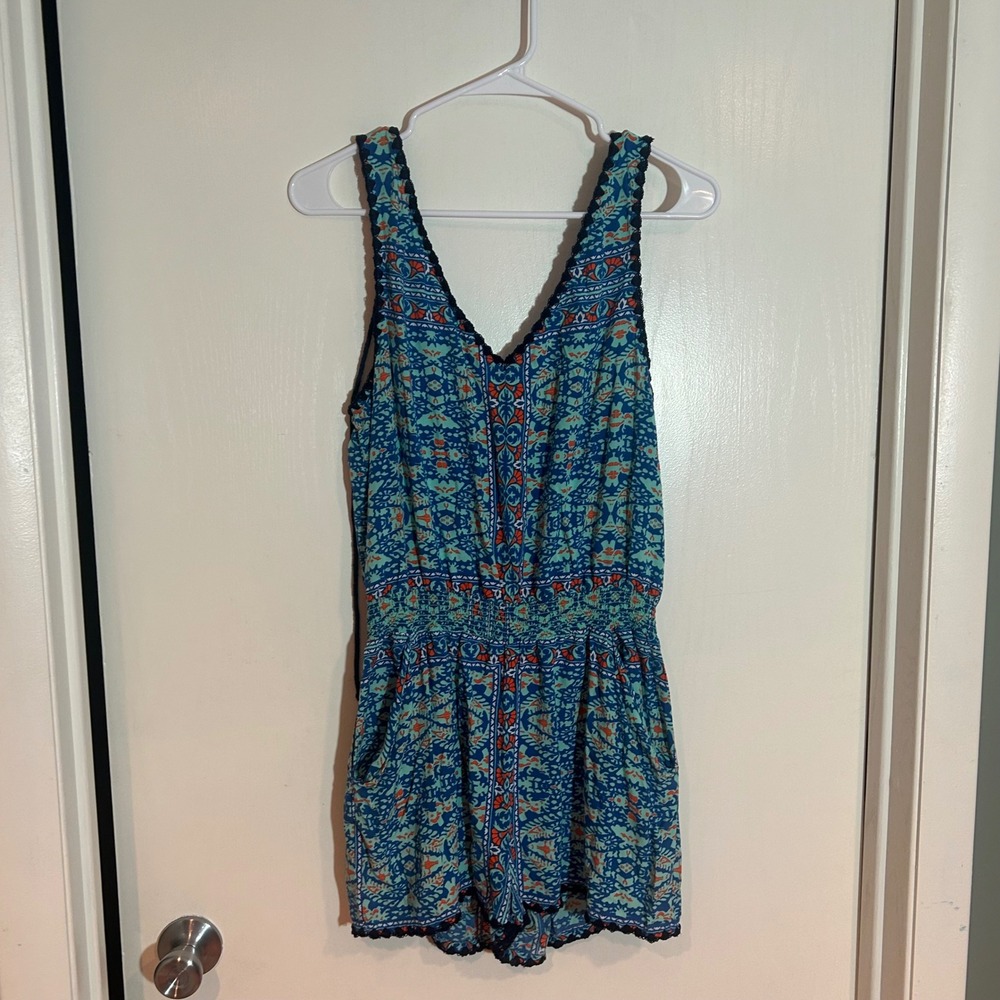 Sperry Boho Teal Orange Geometric Print Romper V-Neck Crochet Trim Strappy L